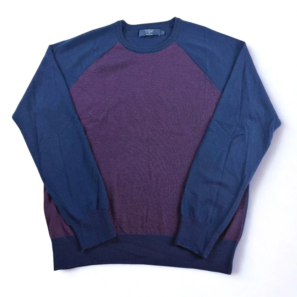 J.Crew Merino Wool Sweater Mens M Blue Purple‎ Raglan Colorblock Crewneck